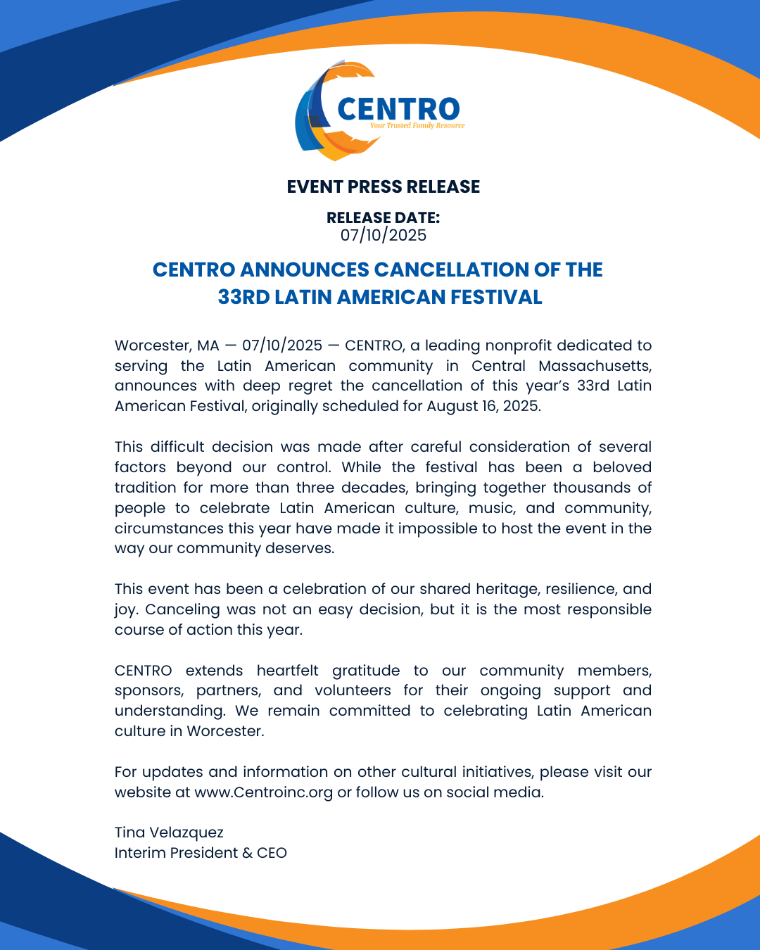 CENTRO Announces Cancellation of the  33rd Latin American Festival